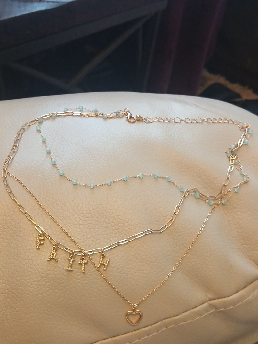 Gold Multi-Layer Necklace with Aqua Beads and Heart Pendant